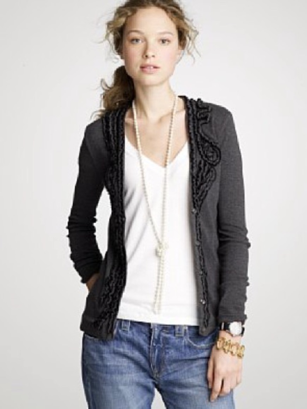 J. Crew Heather Carbon Whirling Ruffles Cardigan, EUC